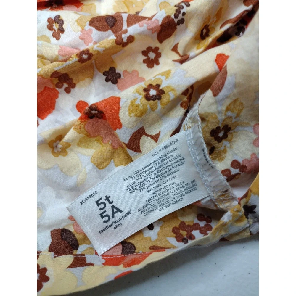 Carters Girls 5T Floral Smocked Dress Orange Yellow Retro Flower Sundress